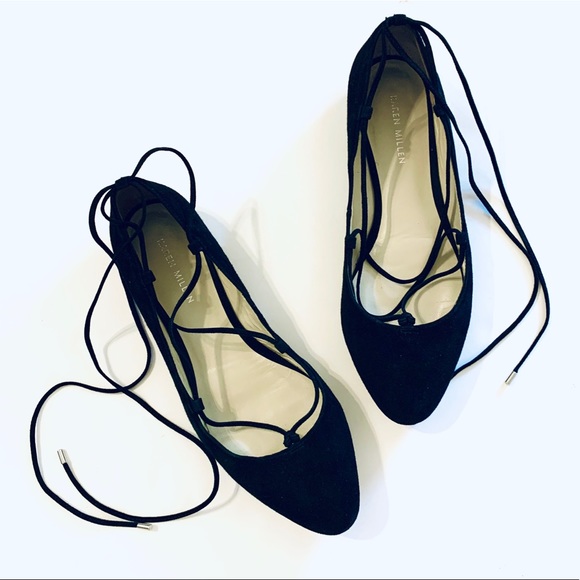 Karen Millen Lace Up Black Suede Flats 10 - Picture 2 of 8
